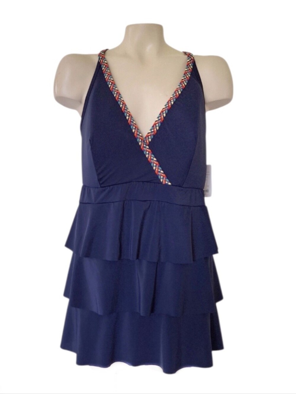 Cacique Swim Navy Tiered Ruffle Tankini Top Sz 22 NWT